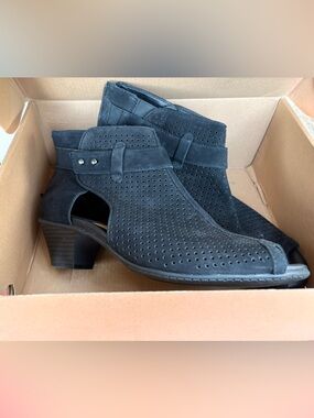 Earth Black Perforated Suede Peep-Toe Ankle Boots